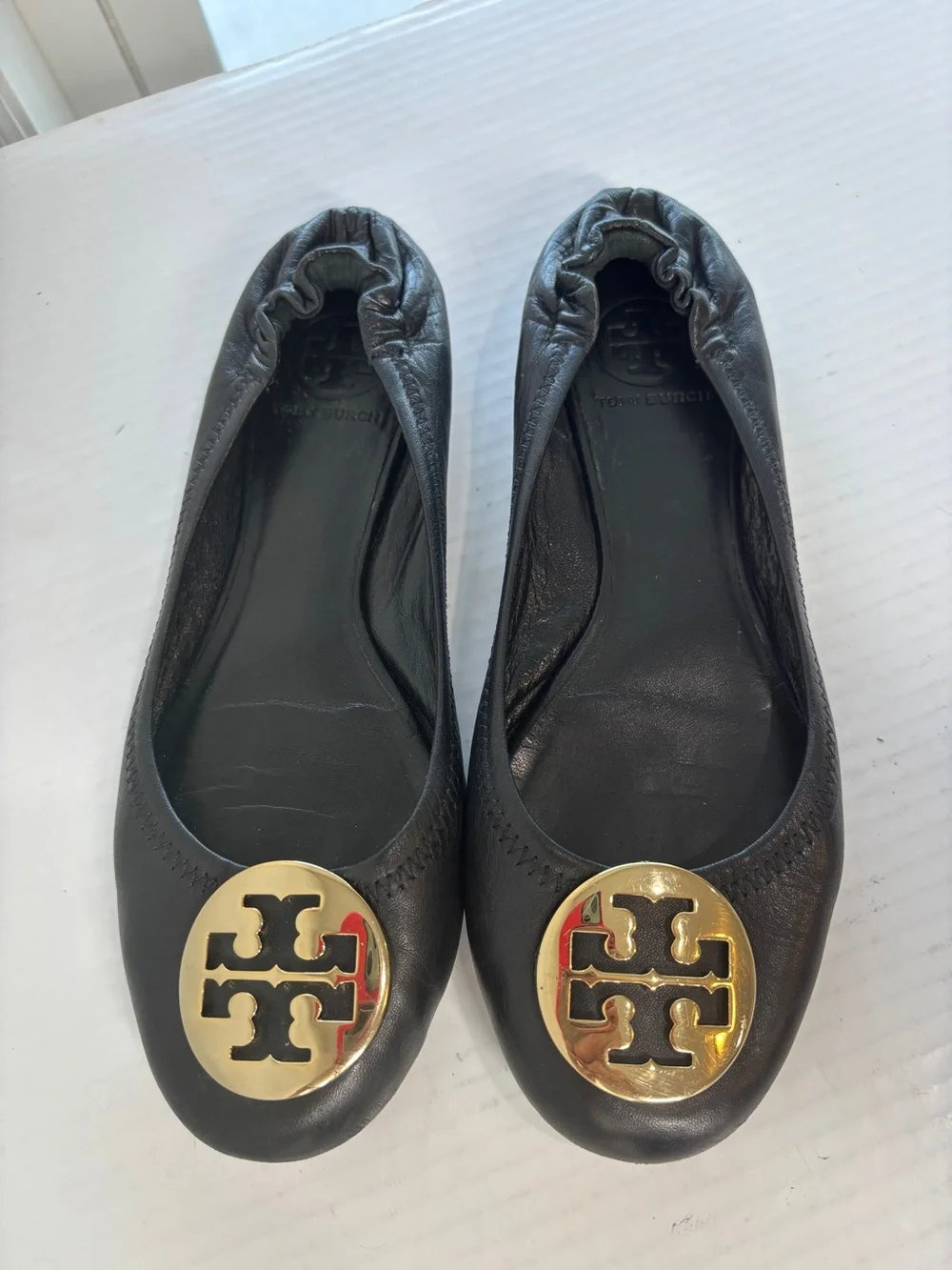Tory Burch Minnie Leather Ballet Flats Womens Shoe Size 8 Black Travel Gold Logo